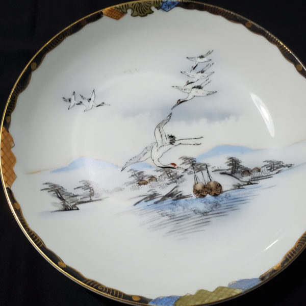 Pair of Japanese porcelain bowls hand painted with herons Nichi hon Nippon 1920s - Image 2