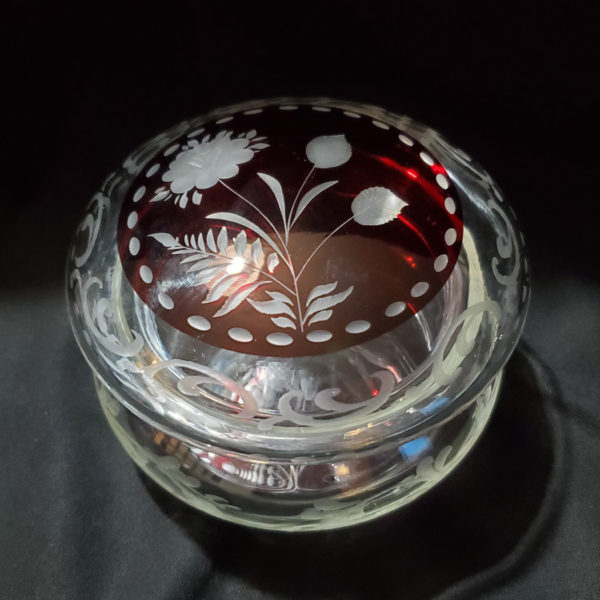 Etched Bohemian ruby crystal jar with lid