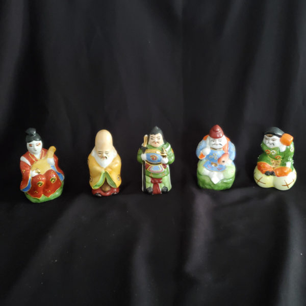 Five vintage Chinese hand-painted, signed Immortals