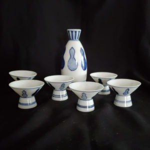 Mid century blue and white sake set with bottle 6 cups Japan