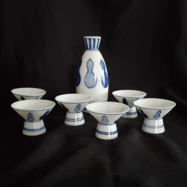 Mid century blue and white sake set with bottle 6 cups Japan