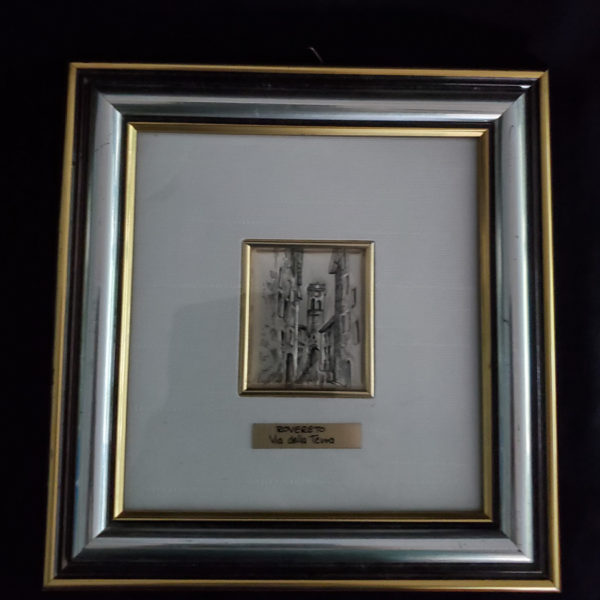 Framed drawing drawn on sterling silver Italian street scene