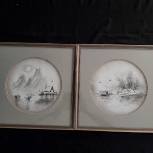 Pair of Titi Kwok Paintings, Chinese brush painting, fishing village, Malaysia