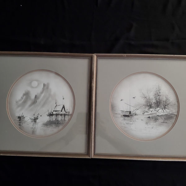 Pair of Titi Kwok Paintings, Chinese brush painting, fishing village, Malaysia