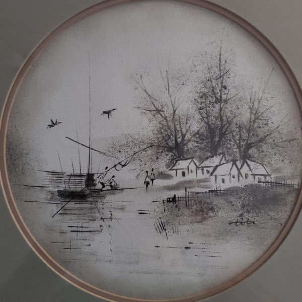 Pair of Titi Kwok Paintings, Chinese brush painting, fishing village, Malaysia - Image 4